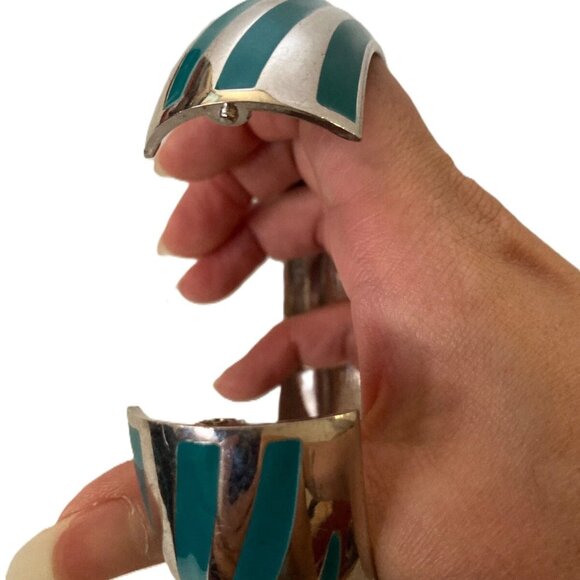 80’s vintage Plastic metal Bangles Bracelet Lot Of 2 Chunky blue silver jewelry - Picture 3 of 9